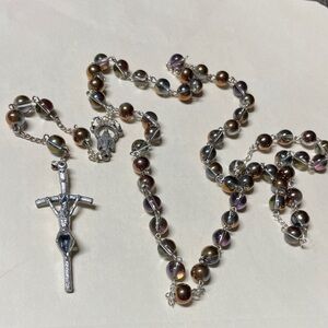 Rosary of glass copper/iridescent beads